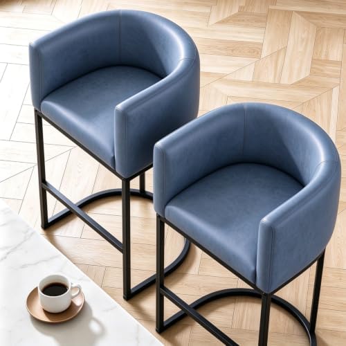 26" H Counter Height Bar Stools, Modern Barrel Counter Stools with Backrest and Arms, Faux Leather Upholstered Accent Barstools for Kitchen Island,Support 450 LBS (Blue)