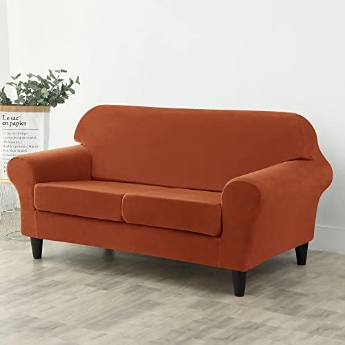 OBCREAT 3 Pieces Sofa Slipcover Stretch Velvet Sofa Covers for 2 Cushion Couch Loveseat Covers Soft Couch Cover with Elastic Bottom Non Slip Furniture Protector for Pets Kids (Burnt Orange, Medium)