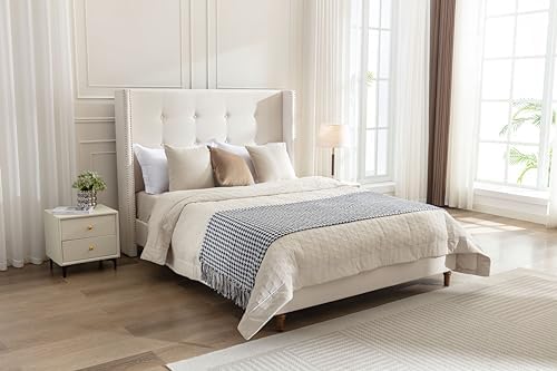 Queen Upholstered Bed Frame with 54" Wingback Tall Headboard Ivory Velvet