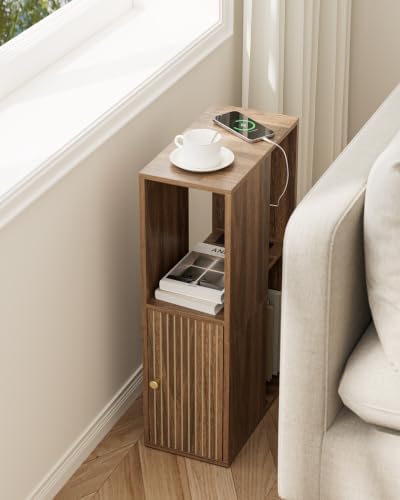Narrow Nightstand, 7.9" Wood Nightstands with Fluted Door,Walnut