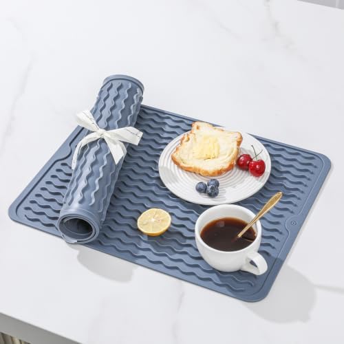 CAKETIME 2 Pack Silicone Dish Drying Mat for Kitchen Counter Multiple Usage for Placemats Shower Caddy Organizer Sink Protector Office Coffee Bar Accessories Crafts Pioneer Woman Stuff 15"x11.5" Blue