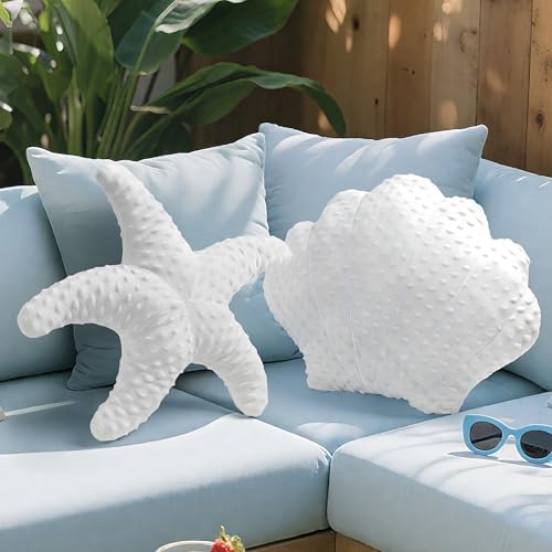 AELS Coastal Throw Pillows Set of 2, Starfish Shell Pillows, Beach Ocean Nautical Themed Smooth Soft Minky Decorative Throw Pillows, Cute Pillow for Couch Sofa Bed Living Room Bedroom Nursery, White