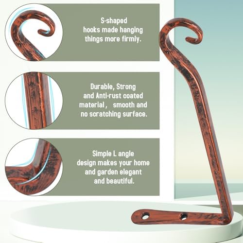 FEED GARDEN Plant Hooks 2 Pack 10 Inch, Solid 10 mm Steel Wall Mounted Hanging Brackets, 48lb Rated, 1.4" Hook Opening, for Bird Feeders Baskets Wind Chimes, Indoor Outdoor Antique Bronze