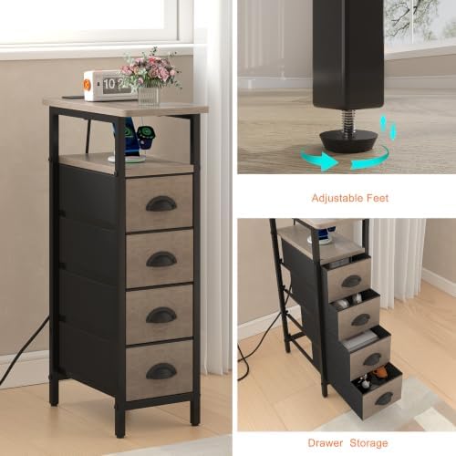 sthmec Side Table with Charging Station, Narrow End Table with 4 Drawers, Small Nightstands with Fabric Drawers,Slim Sofa Couch Side Tables for Small Spaces,Living Room,Bedroom, Grey
