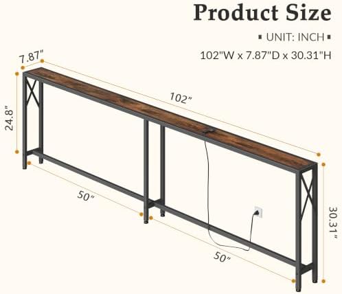 Gewudraw 102" Sofa Table Behind Couch & Socket-Narrow Console Table, Brown