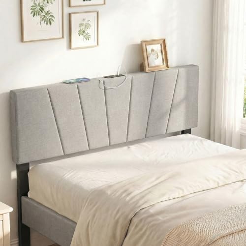 GIANTEX Headboard with Charging Station, Queen/Full Size Tufted Upholstered Head Board w/2 AC Outlets, USB & Type-C Ports, Rubber Wood Legs, Width Adjustable Modern Bed Headboard Only (Grey)