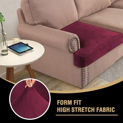 H.VERSAILTEX Stretch Velvet 2 Piece T Cushion Sofa Slipcovers Individually Sofa Cushion Covers for 2 Cushion Couch Seat Cushion Covers Stay in Place (Sofa, Burgundy)