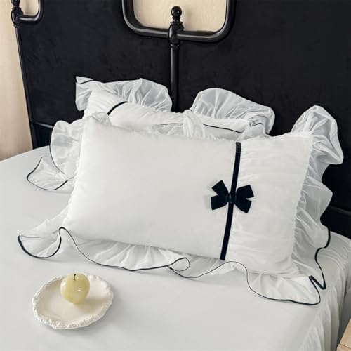 Ruffle Beddding Set with Bowtie,Girls Lace Bedding,White Queen Comforter Cover Set, Chic Ruffled Duvet Cover with Lovely Bow,Princess Style 1 Duvet Cover with 2 Pillowcases, No Comforter