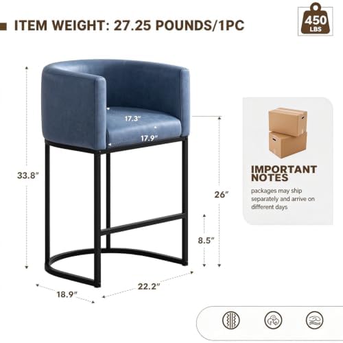 26" H Counter Height Bar Stools, Modern Barrel Counter Stools with Backrest and Arms, Faux Leather Upholstered Accent Barstools for Kitchen Island,Support 450 LBS (Blue)