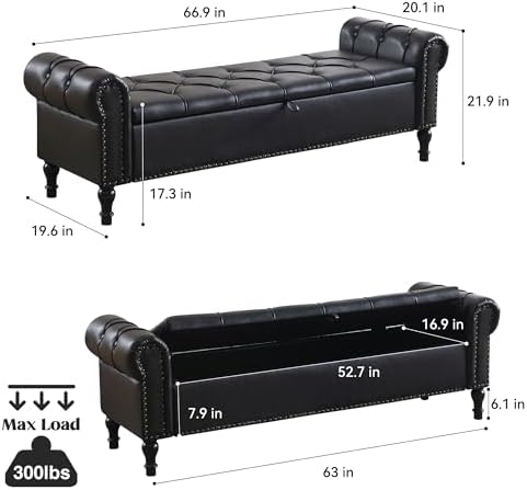 Leather Storage Bench 67 Inch Upholstered Tufted Ottoman Bench with Arms King Size End of Bed Bench for Bedroom Living Room Entryway Obsidian Black