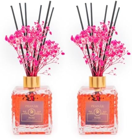 PEANÄK Reed Diffuser Set - Rose Honey Fragrance 6.7oz (200 ml) - Set of 2 Real Preserved Flowers & 6 Reed Sticks for Home & Office Bathroom Shelf Décor with Long Lasting Gift Scents