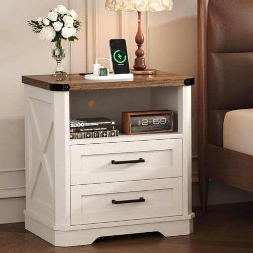 Yusong 23.62” Tall Farmhouse Nightstand, Rustic Wooden Night Stand with Charging Station, Beside Table with Drawers and Open Storage, End Tables for Bedroom, Cream White 003