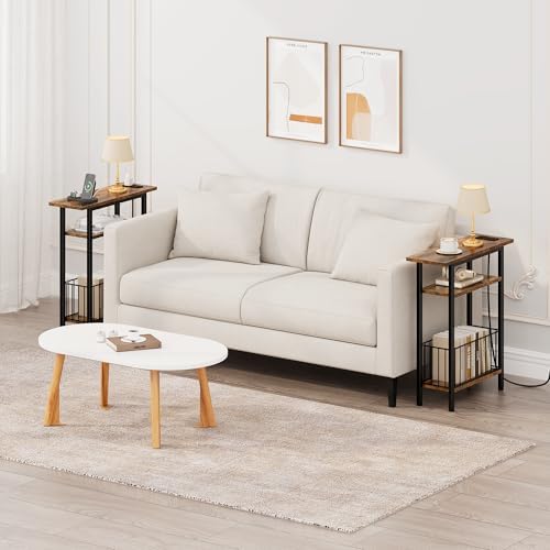Vagusicc Narrow Side Table with Charging Station, 3-Tier Skinny Side End Table for Couch Sofa, Small End Side Tables for Small Spaces, 25.2" Tall Slim Nightstand for Living Room, Bedroom, Rustic Brown