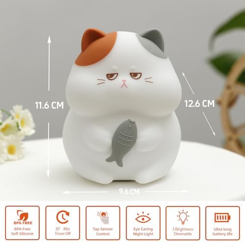 Cat Night Light, LED Squishy Animal Night Lamp Rechargeable, Novelty Nursery Lamp Nightlight, 7 Colors with 3 Levels Dimmable/Timmer Touch Lamp for Bedroom, Home Decor Cute Gifts for Girls Boys Adults
