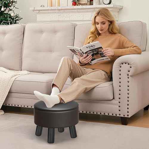 Small Foot Stool Ottoman with Storage, Faux Leather Ottoman Foot Rest for Couch, Round Footstool Ottomans for Living Room (Black)
