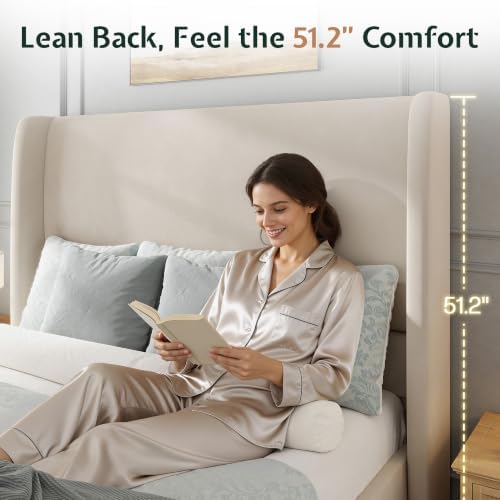 Jocisland Queen Bed Frame Tall Wingback Headboard Upholstered, Off-White