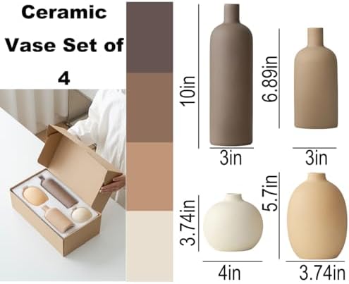 Modern Ceramic Vase Set, Neutral Colors, Decorative Vases for Home Shelf Decor, 4 Piece Collection, Happy Birthday Gifts for Women Mom Her Friend Sister Wife Grandma, Self Care Gift (Coffee Mix set 4)