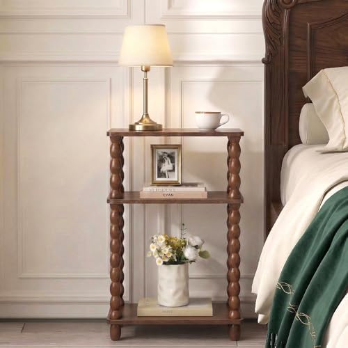 3-Tier Narrow Side Table, Skinny End Table with Wood Spindle Legs Brown
