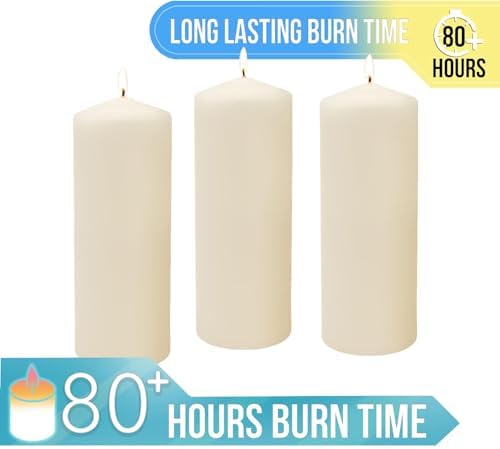 Stonebriar Unscented Pillar Candles – 80 Hour Burn Time, Long-Lasting Wax Candles for Weddings, Holidays, Home Décor & Special Events, Pack of 3, Ivory, 3" x 8"
