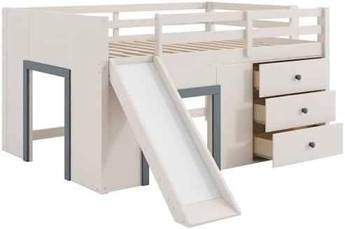 Bellemave Full Low loft Bed for Kids,Wood Modern Farmhouse Full Loft Bed with Slide and Drawer Storage, Beige+Grey
