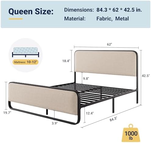 Allewie Queen Metal Bed Frame with Upholstered, Beige