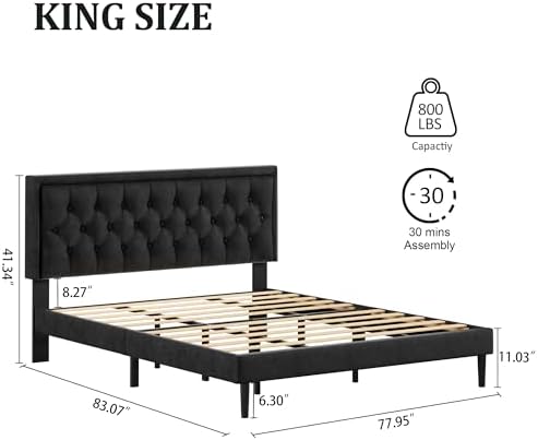 CXVX King Size Platform Bed Frame with Upholstered Velvet Button Tufted Headboard, Mattress Foundation with Wooden Slat Support, No Box Spring Needed, Easy Assembly, Noise Free, Black.