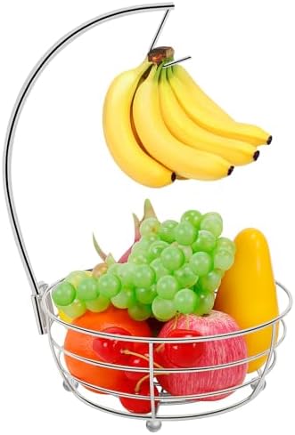 Livabber Countertop Fruit Basket Bowl with Banana Hanger, Modern Standing Fruit Vegetable Bowl Storage, with Banana Tree Holder for Kitchen Dinning Table (Round Metal, Chrome)