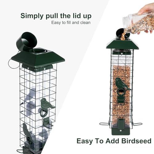 Squirrel Proof Bird Feeders for Outdoors, Metal Wild Bird Feeder for Outside Hanging, 4 Ports Perches, 3LB Large Capacity (Green)