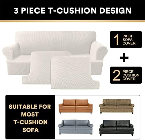 PrinceDeco T Cushion Loveseat Slipcover 3 Pieces Sofa Covers for T Cushion Sofa Stretch Slip Covers for 2 Cushion Couch with 2 Individual T Shape Seat Covers Width Up to 76"- Washable, Ivory