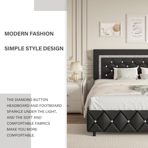 Twin Bed Frame with Headboard, Upholstered Bed with Diamond Tufted Design
