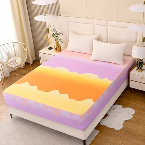 Bedding Fitted Sheet with Deep Pocket,Thicken Printed Fabric Bed Sheets (Orange, Queen)