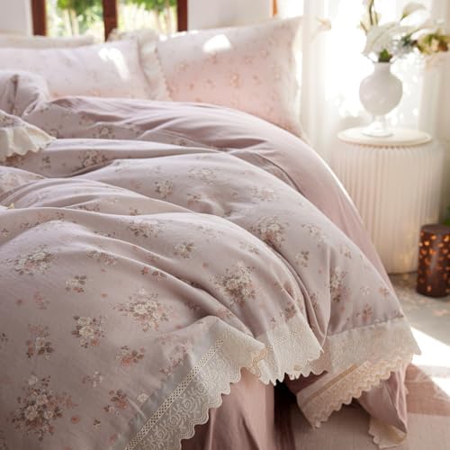 LifeTB Vintage Flower Duvet Cover Set King, Muslin Cotton Romantic Lace Ruffled Bedding Set, Floral Cottagecore Bedding Duvet Cover, Linen Like Gauze Breathable Comforter Cover with Zipper Ties