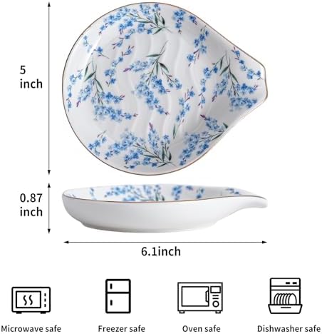 Ceramic Spoon Rest for Stove Top, 5 inch Gold Trim Spoon Holder for Kitchen Counter, Farmhouse Cooking Utensil Holder for Spoons, Ladles, Spatula, Blue Blossom