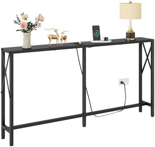 Gewudraw Narrow Console Table with Socket, Sofa Table Behind Couch, Black