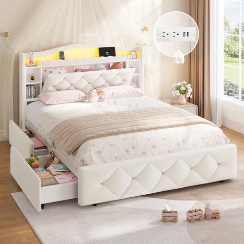 DICTAC Full Size Bed Frame for Kids with 4 Storage Drawers, Bookcase Headboard, LED Lights and Power Outlets, Diamond Tufted Velvet Upholstered Princess Platform Bed, Heavy-Duty Metal Support, Beige