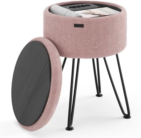 Round Ottoman with Storage, Boucle Storage Ottoman, Foot Stool Ottomans, Makeup Vanity Stool, Small Ottomans Foot Rest, Modern Vanity Stools for Living Room and Bedroom, Pink