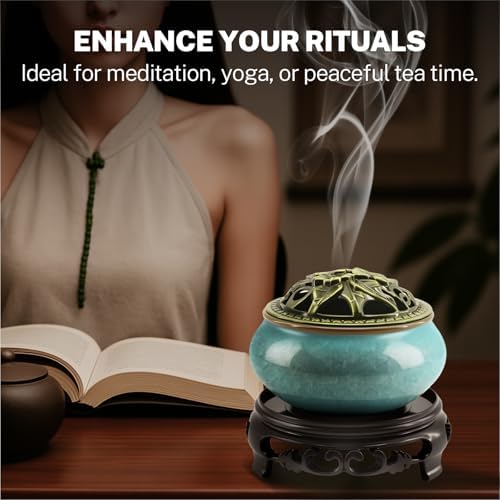 Ceramic Incense Burner with Lotus Incense Holder, Multi-Functional Incense Burner Holder for Incense Sticks, Coil Incense and Cones, Perfect Home Decor (Blue)