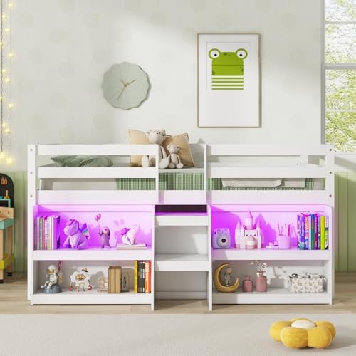 GIANTEX Twin Loft Bed with LED Lights, Wooden Loft Bed Twin Size with Stairs & Safety Guardrail, Low Loft Bed for Kids with Storage Bookcase and Under-Bed Play Space, White