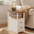 Slim End Table with 2 Drawers, Farmhouse Narrow Nightstand Wood，