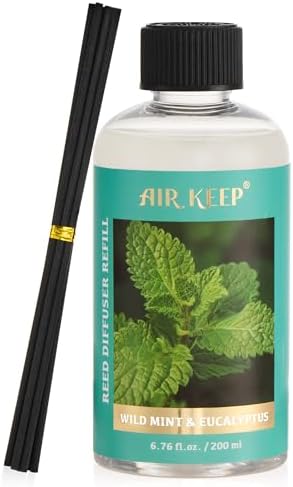 Airkeep Reed Diffuser Oil Refill with Diffuser Sticks, 6.76 Fl Oz(200ml) Wild Mint&Eucalyptus Scented Oils, Aroma Therapy, Home Fragrance & Air Freshener, Office Décor, Decoration