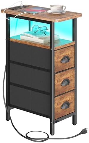 sthmec End Table with Charging Station,LED Side Tables with USB Ports and Outlets,Skinny Bedside Table with 3 Drawers,Small Nightstands for Small Space,Slim Sofa Table for Livingroom,Rustic Brown