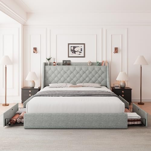 Feonase Queen Size Bed Frame with 4 Storage Drawers, Upholstered Storage Bed with Charging Station, Tufted Wingback Headboard, No Box Spring Needed, Light Grey, FEO737