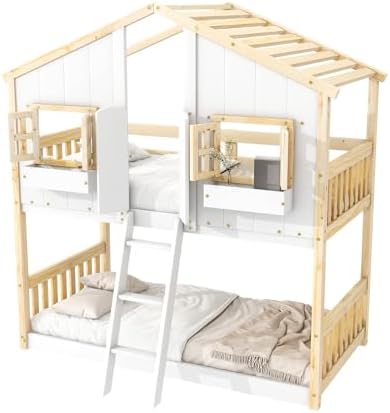 Twin Over Twin House Bunk Bed with Roof and Window, Natural White