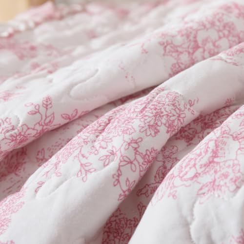 Brandream Pink Toile Quilted Throw Blanket 47" x 60" Cozy Cotton Decorative Blanket French Country Cottage Floral Quilt Throw for Bed Couch Sofa Daybed All-Season Coverlet