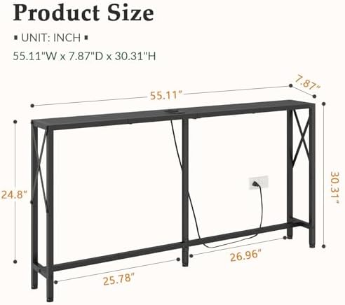 Gewudraw Narrow Console Table with Socket, Sofa Table Behind Couch, Black