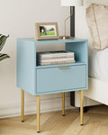 Aienvey Nightstand with One Drawer, Blue Stripe Night Stand and Gold Frame