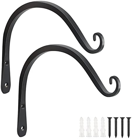 FEED GARDEN Heavy Duty Plant Hooks - 2 Pack 8 Inch Wall Mounted Hanging Brackets, 44lb Capacity Steel Plant Hangers for Bird Feeders, Baskets, Wind Chimes Outdoor Indoor- Black