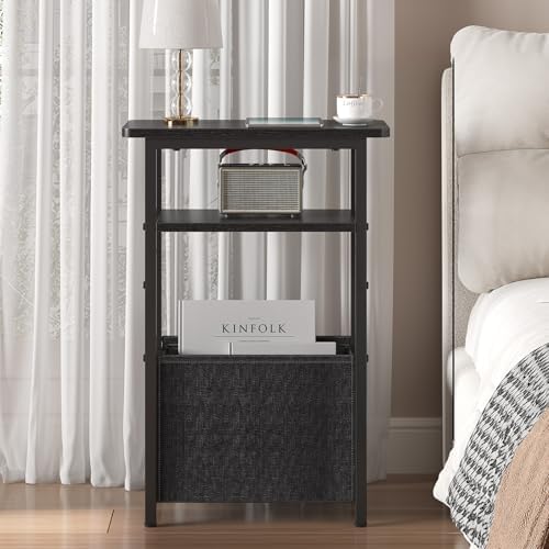 sthmec Narrow Side Table Set of 2, Skinny End Tables with Fabric Basket, Small Side Tables for Small Space,2-Tier Open Shelves with Basket, Slim Nightstands Set 2 for Bedroom,Livinroom,Office, Black