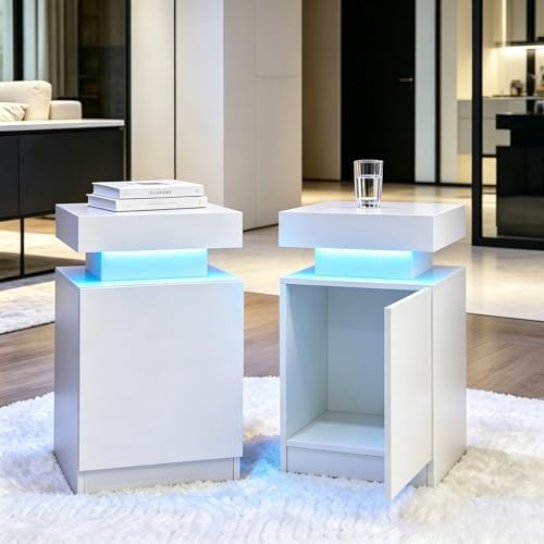 Nightstand with LED Lights Set of 2, 2 Pieces Bedside Tables with Storage Cabinet, Modern End Tables for Bedroom, White