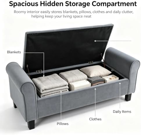 51 Inch Grey Velvet Storage Ottoman Bench with Rolled Armrests